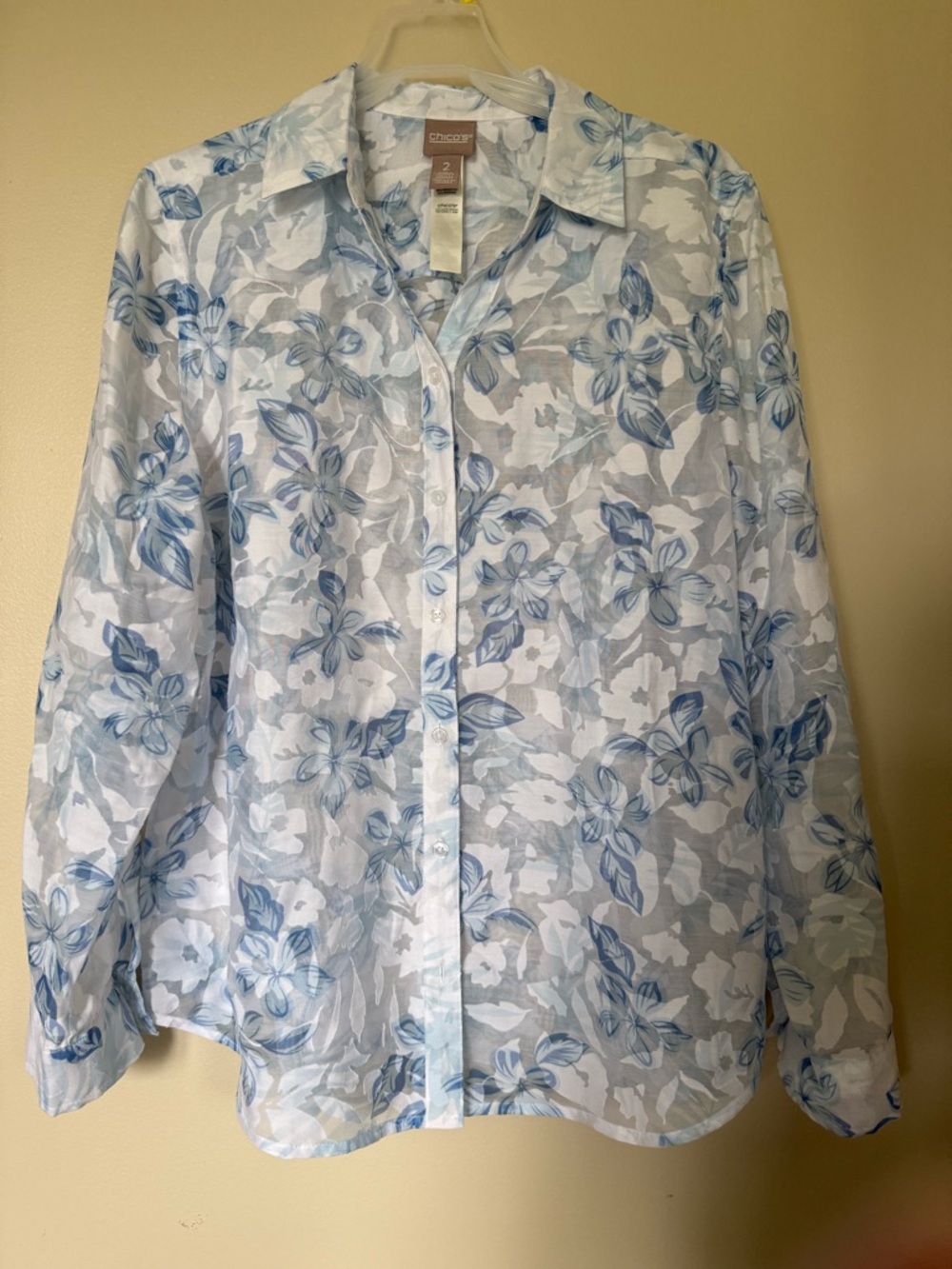 Chico's White Button-Front Top with Blue Floral Pattern - Picture 6 of 7